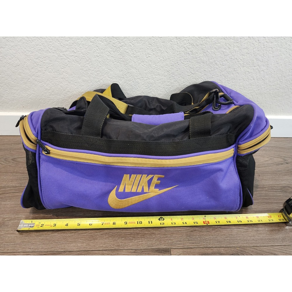Vintage 90s Nike Duffel Bag Purple Black Gold Swoosh Gym Travel Shoulder Strap